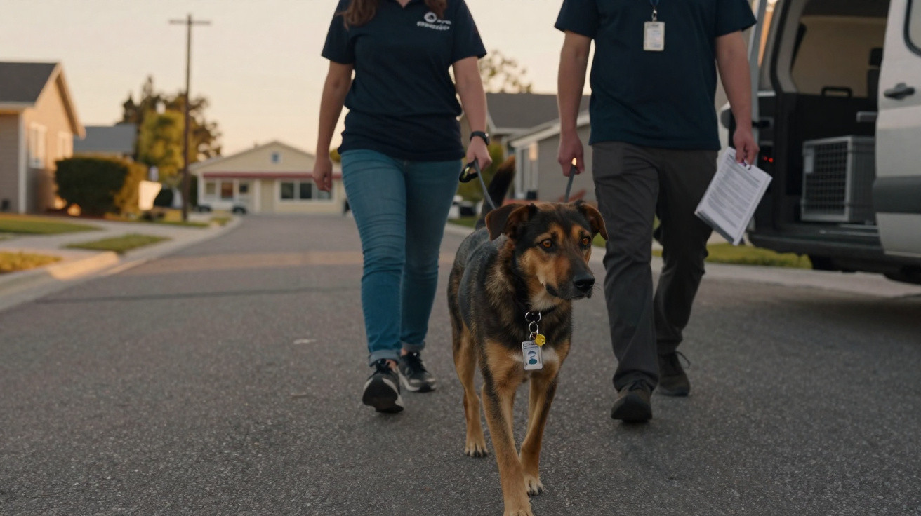 Dois técnicos a caminhar com um cão pastor alemão na rua de um bairro residencial ao pôr do sol.