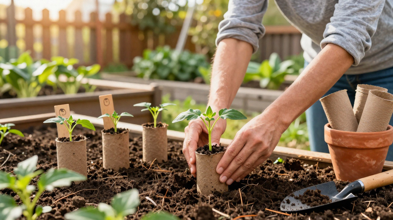 Mãos a transplantar rebentos de plantas de vasos biodegradáveis para canteiro de jardim com terra escura.