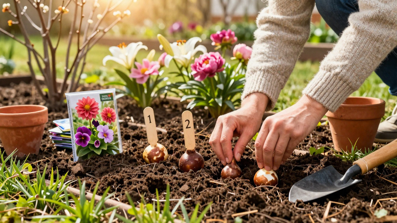 Mãos a plantar bulbos de flores em canteiro de terra com etiquetas numeradas e flores ao fundo.