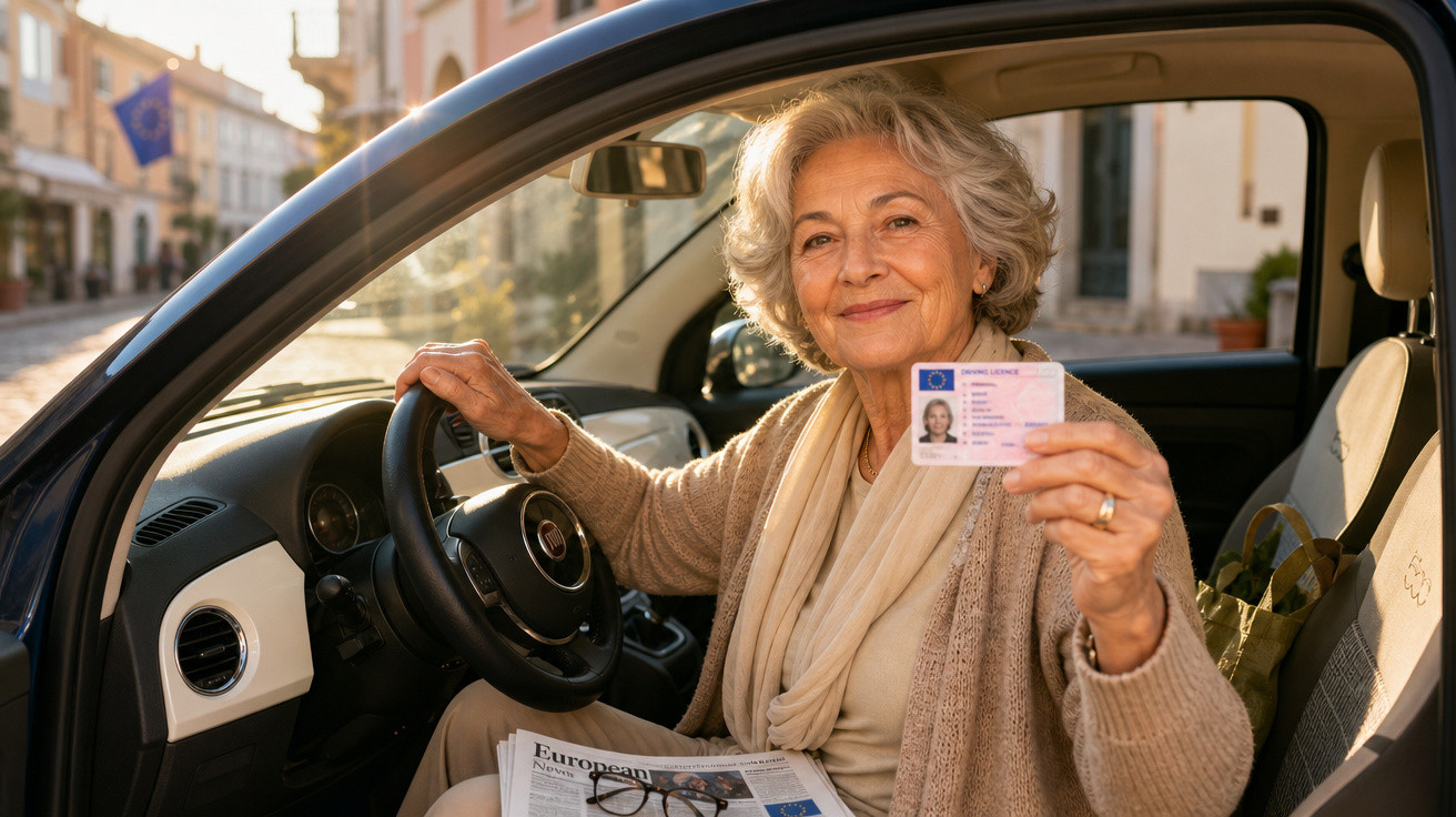 Mulher sénior sorridente sentada ao volante, mostrando a carta de condução europeia dentro de um carro.