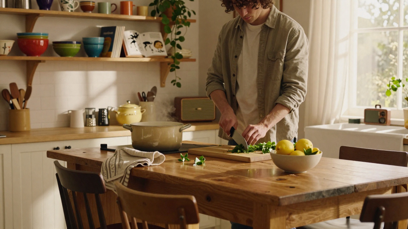 Pessoa a cortar ervas numa tábua numa cozinha com luz natural e utensílios de cozinha ao fundo.