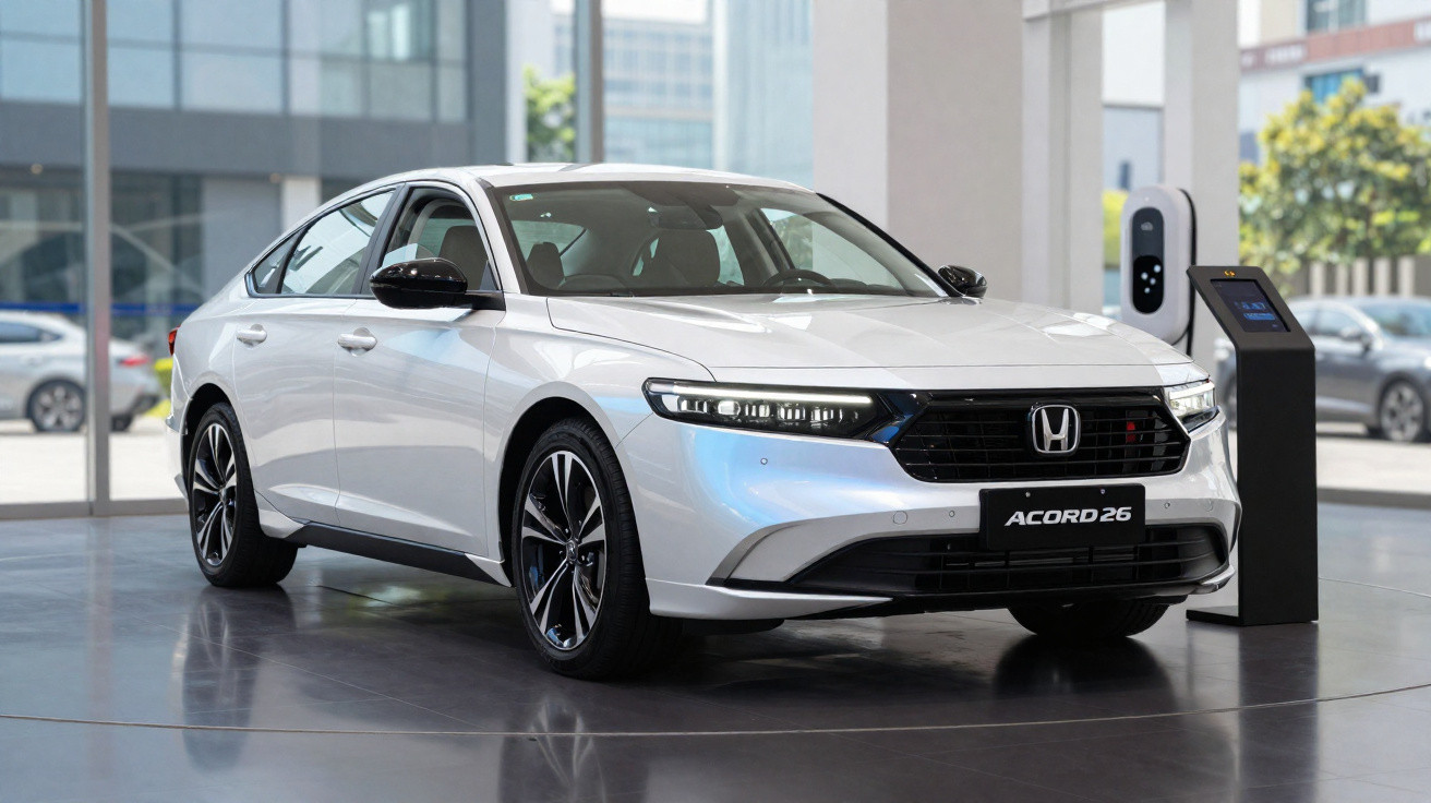 Carro elétrico Honda Accord 26 branco estacionado numa garagem moderna com posto de carregamento.