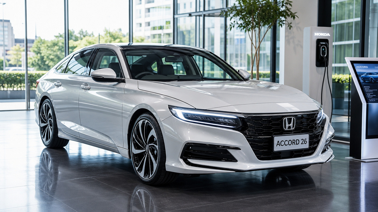 Carro Honda Accord 26 branco exibido numa sala de exposição moderna com vidros grandes.