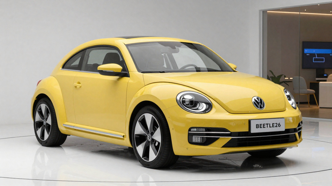 Carro Volkswagen Beetle amarelo estacionado em ambiente interior moderno e minimalista.