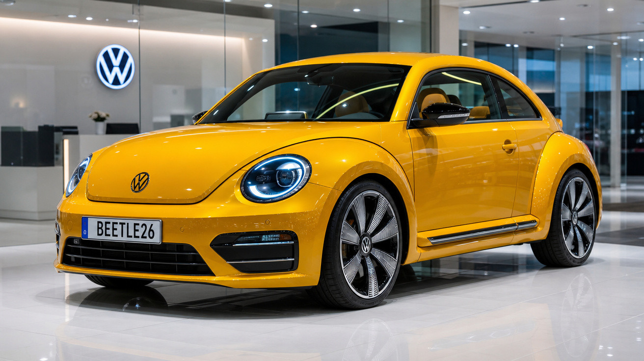 Carro amarelo Volkswagen Beetle exposto em showroom com luzes LED acesas e rodas estilizadas.