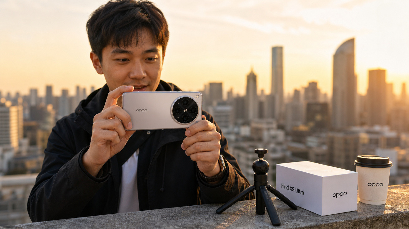 Homem a tirar foto com smartphone Oppo Find X5 Ultra ao pôr do sol numa cidade.