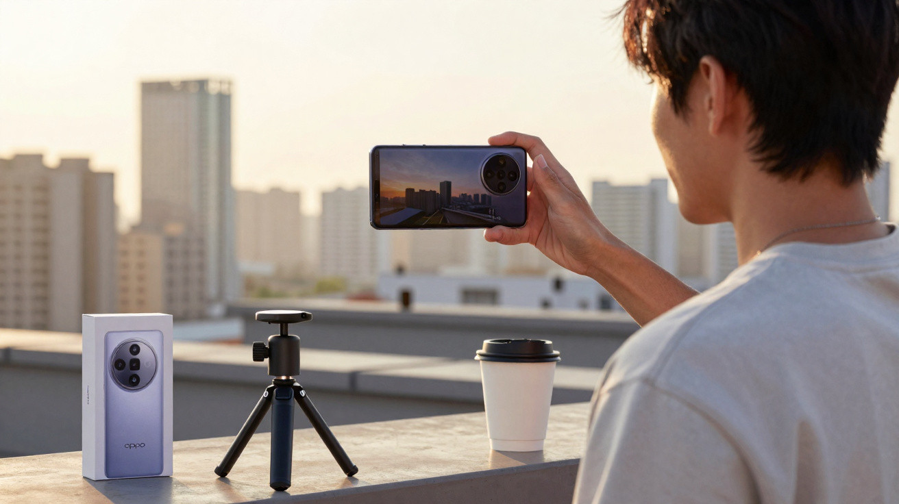 Pessoa a tirar foto com smartphone num terraço, com caixa do telefone, tripé e copo de café ao lado.