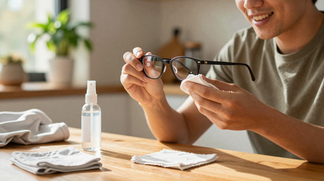 Pessoa a limpar óculos com pano branco numa mesa de madeira com frasco pulverizador ao lado.