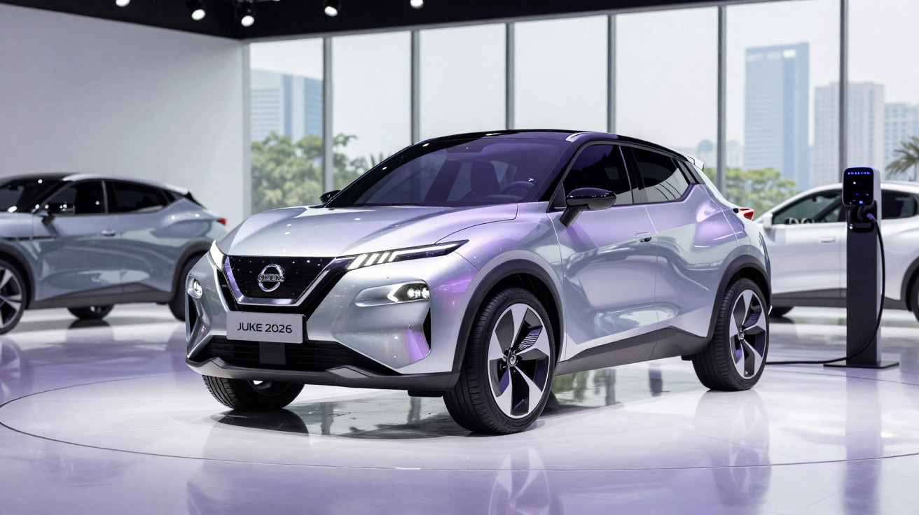 Automóvel Nissan Juke 2026 prateado exposto em showroom com iluminação interior e outros carros ao fundo.