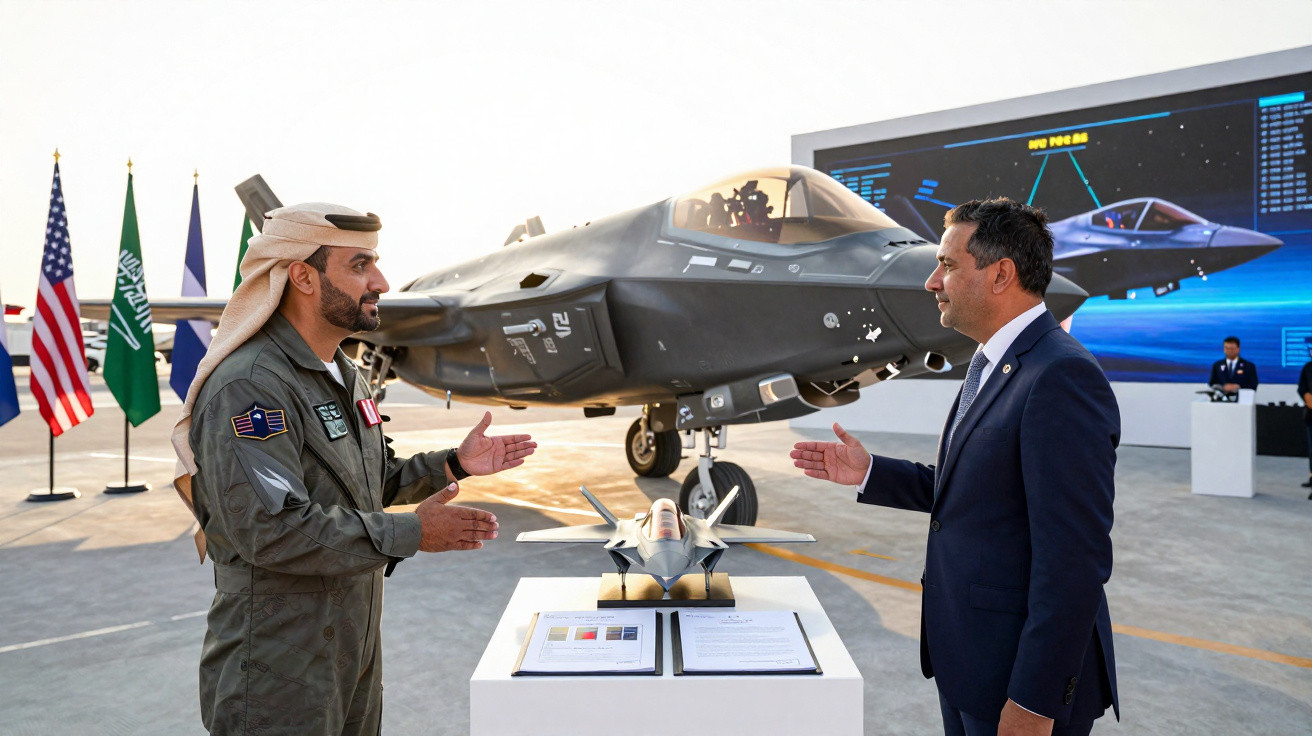 Homem com traje árabe e outro de fato indicam acordo junto a modelo de avião militar F-35 num evento ao ar livre.