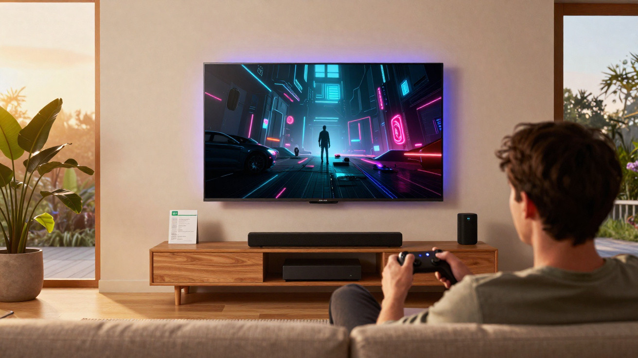 Homem sentado no sofá a jogar videojogo com comando, frente a uma televisão com imagem futurista neon.
