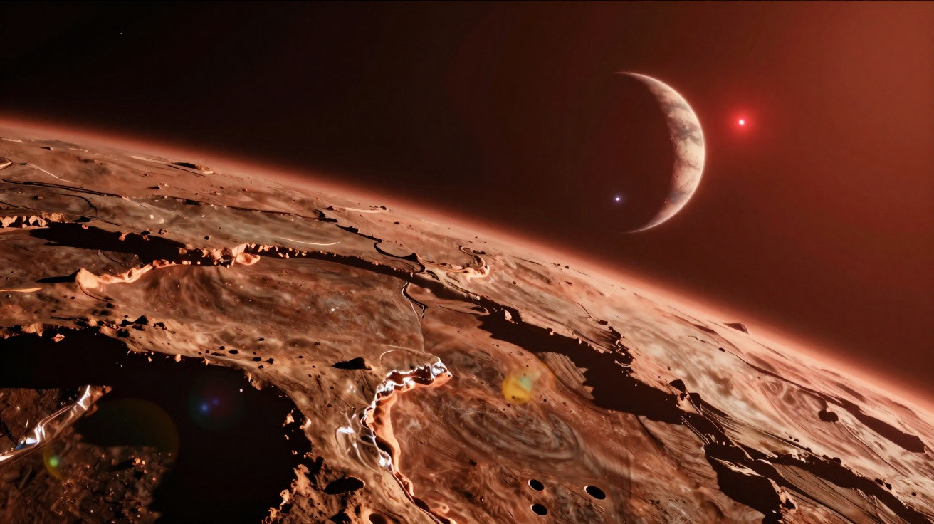 Superfície rochosa de um planeta vermelho com crateras, vista de um espaço sideral com um planeta e estrelas ao fundo.