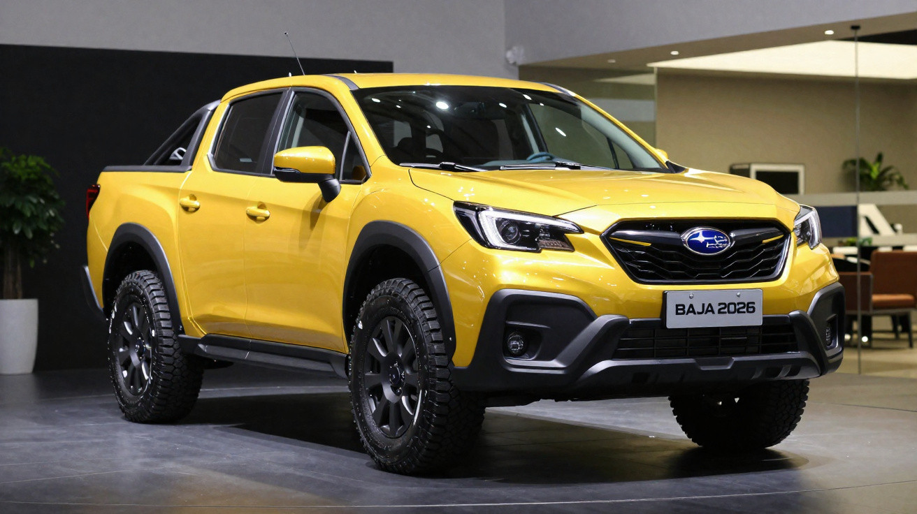 Pick-up Subaru Baja 2026 amarela exibida em espaço interior moderno.