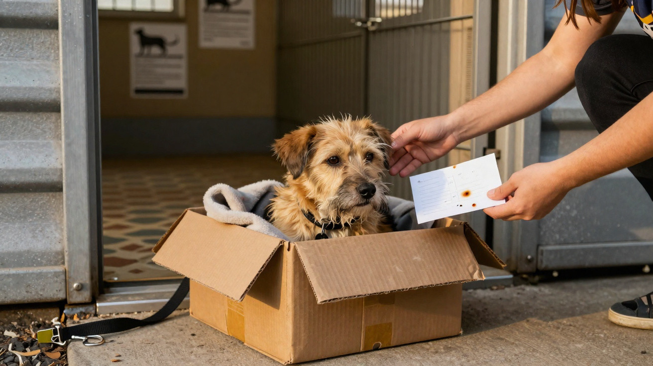 Cão pequeno dentro de uma caixa de cartão com manta, sendo acariciado por uma pessoa num abrigo animal.