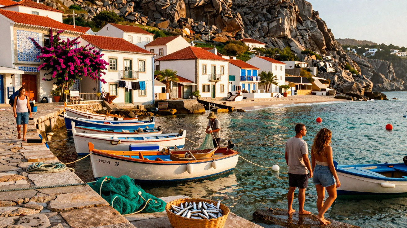 Porto de pesca com barcos ancorados, casas brancas com telhados vermelhos e pessoas junto ao mar ao entardecer.