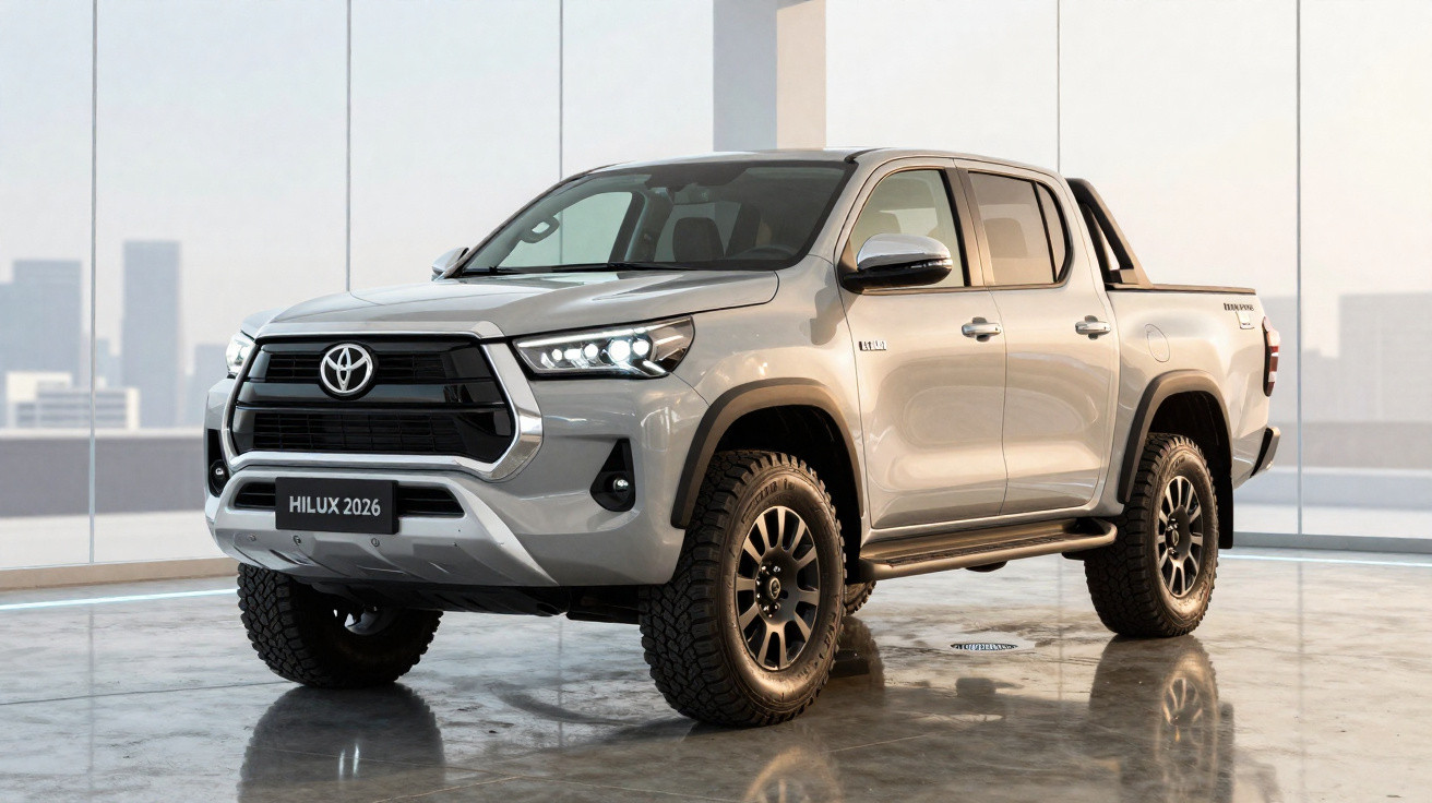 Pick-up Toyota Hilux 2026 prata, em exibição numa sala com chão refletor e fundo com janelas amplas.