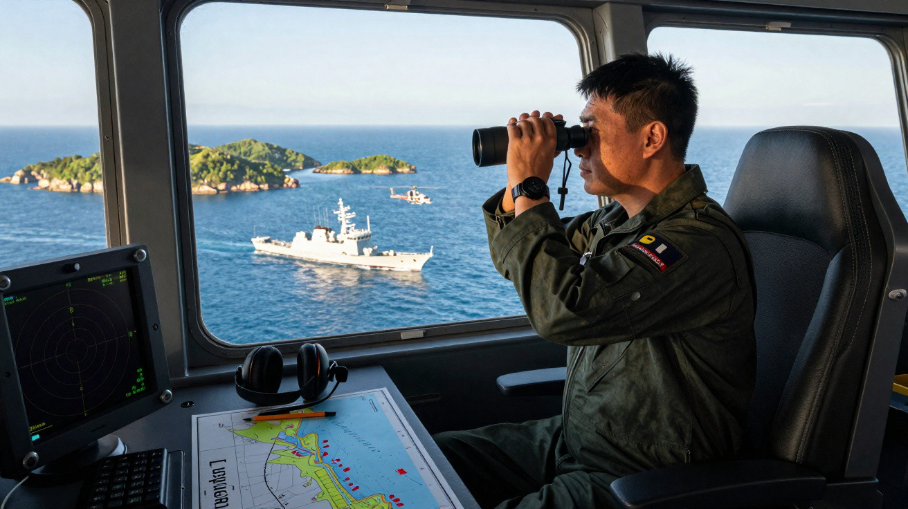 Militar observa o mar com binóculos a partir da ponte de comando de um navio, com radar e mapa náutico visíveis.