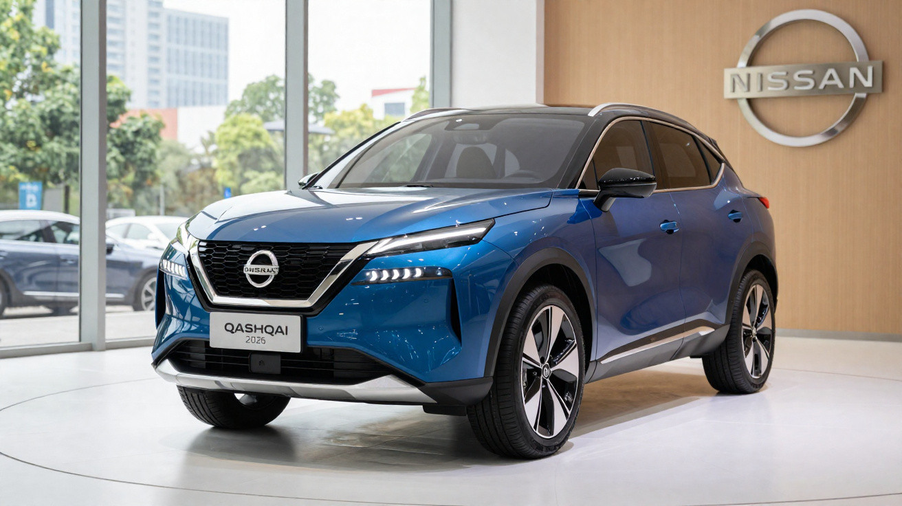 SUV Nissan Qashqai 2026 azul exibido numa sala de exposição com logótipo Nissan na parede.