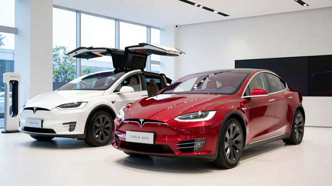 Dois carros Tesla em exposição, um branco com portas traseiras abertas em asa de gaivota e outro vermelho brilhante.