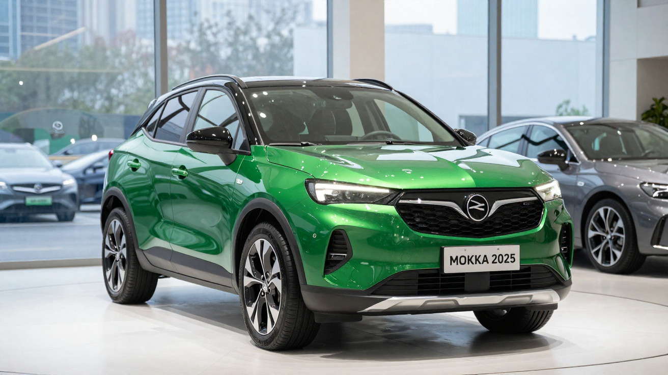Automóvel SUV Opel verde modelo Mokka 2025 exposto numa sala de exposição moderna.