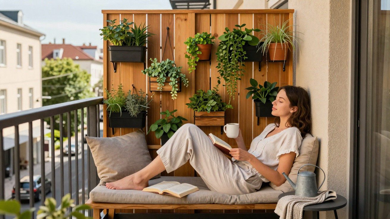 Mulher relaxa lendo e bebendo chá em varanda com painéis de madeira e plantas penduradas.