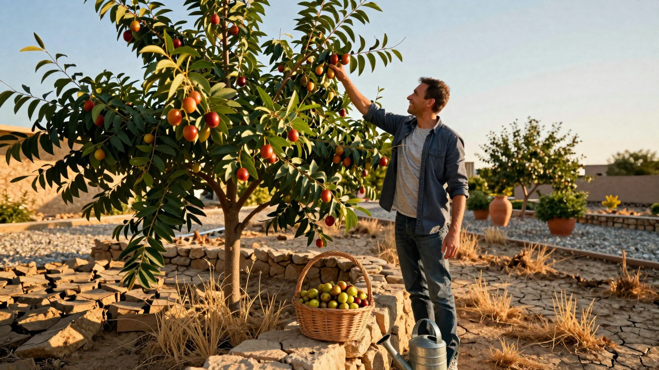 Homem colhe frutos maduros de uma árvore em jardim com cesta cheia de frutos e regador.