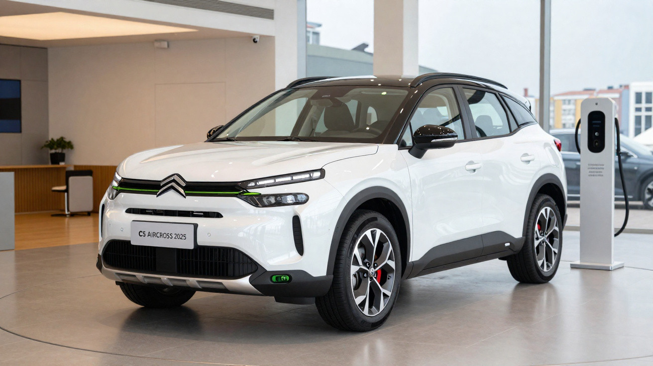Carro elétrico Citroën C5 Aircross branco 2025 em exposição junto a estação de carregamento.