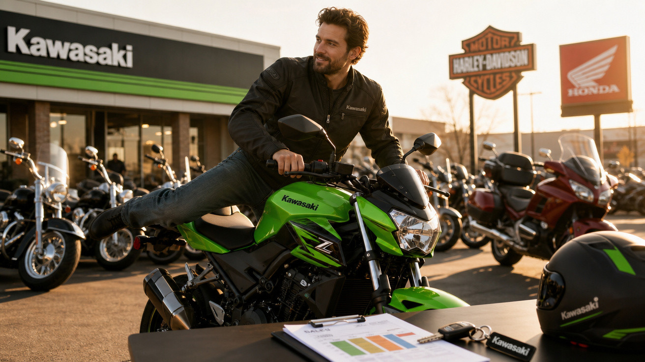 Homem sorridente monta mota verde Kawasaki em concessionário com várias motos ao fundo ao pôr do sol.