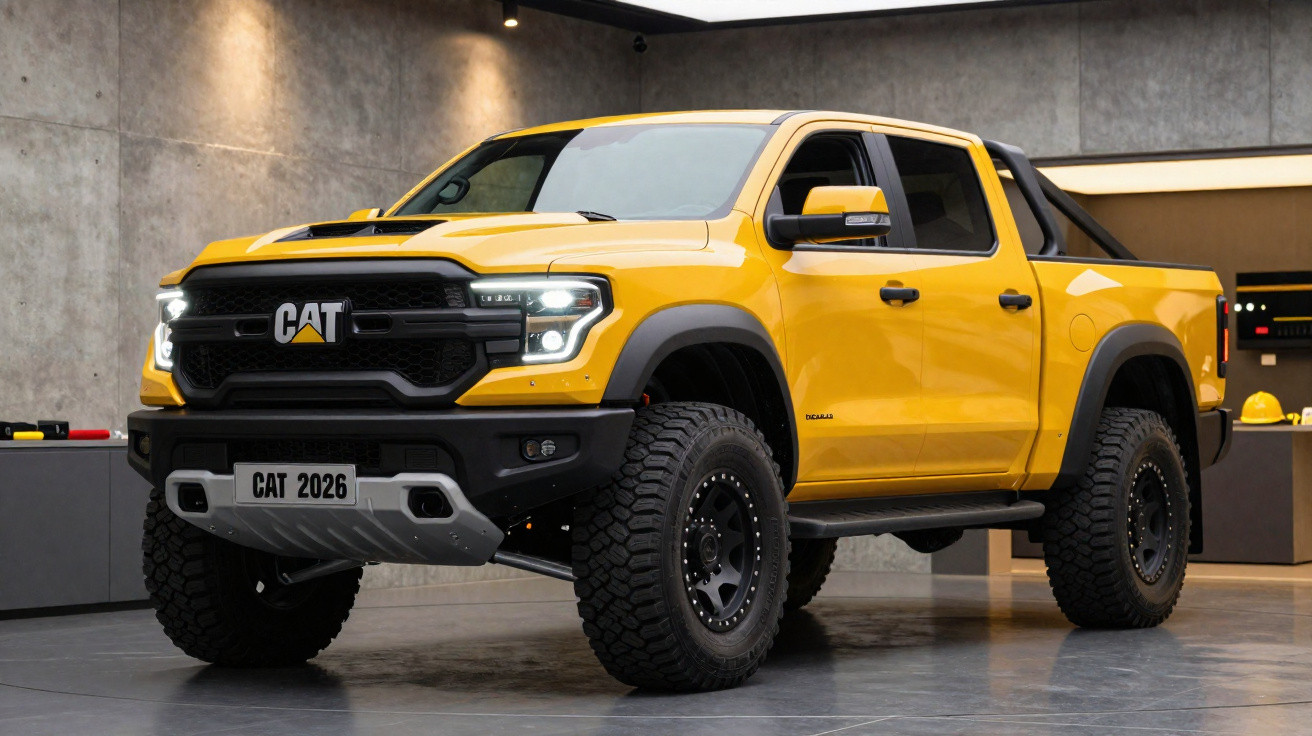 Caminhão pick-up CAT amarelo com pneus grandes, estacionado em showroom com paredes cinzentas.