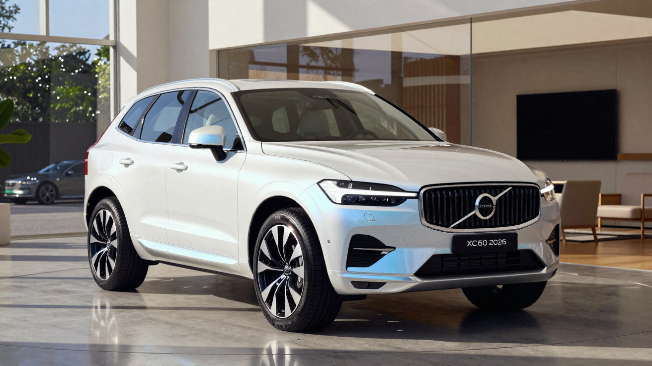 SUV Volvo XC60 2026 branco estacionado em espaço interior moderno e luminoso.