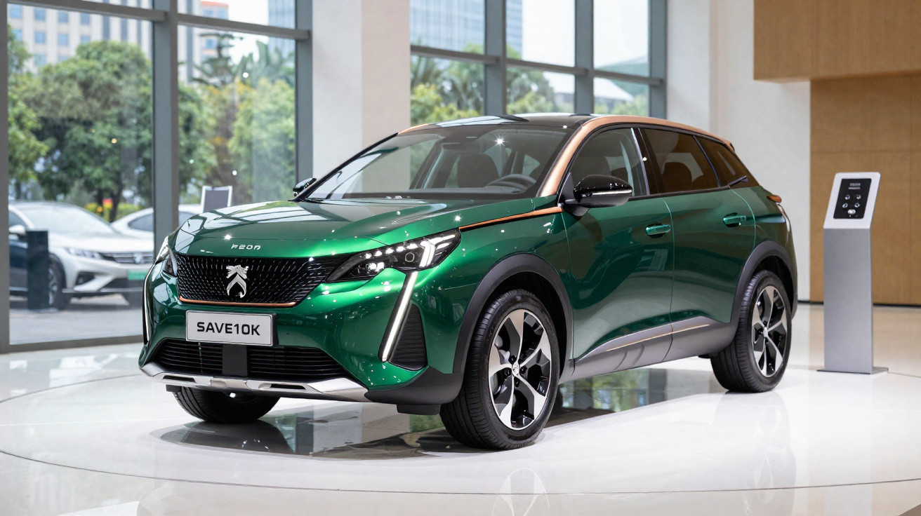Carro SUV verde metálico com detalhes em bronze exposto em showroom moderno e luminoso.