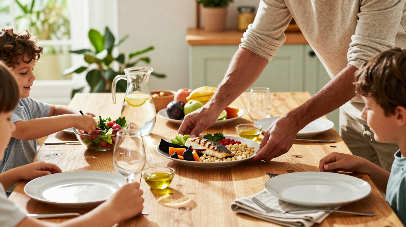 Pai a servir peixe grelhado numa mesa de madeira para dois meninos que estão à espera para comer.