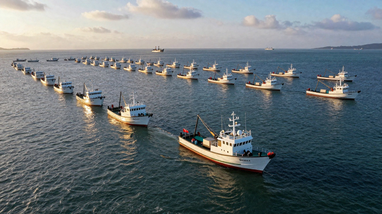 Várias embarcações de pesca em formação no mar ao entardecer com céu parcialmente nublado.