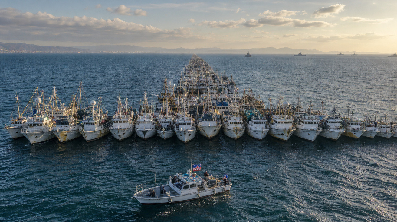 Frota de muitos barcos de pesca alinhados no mar ao entardecer com uma embarcação menor à frente.