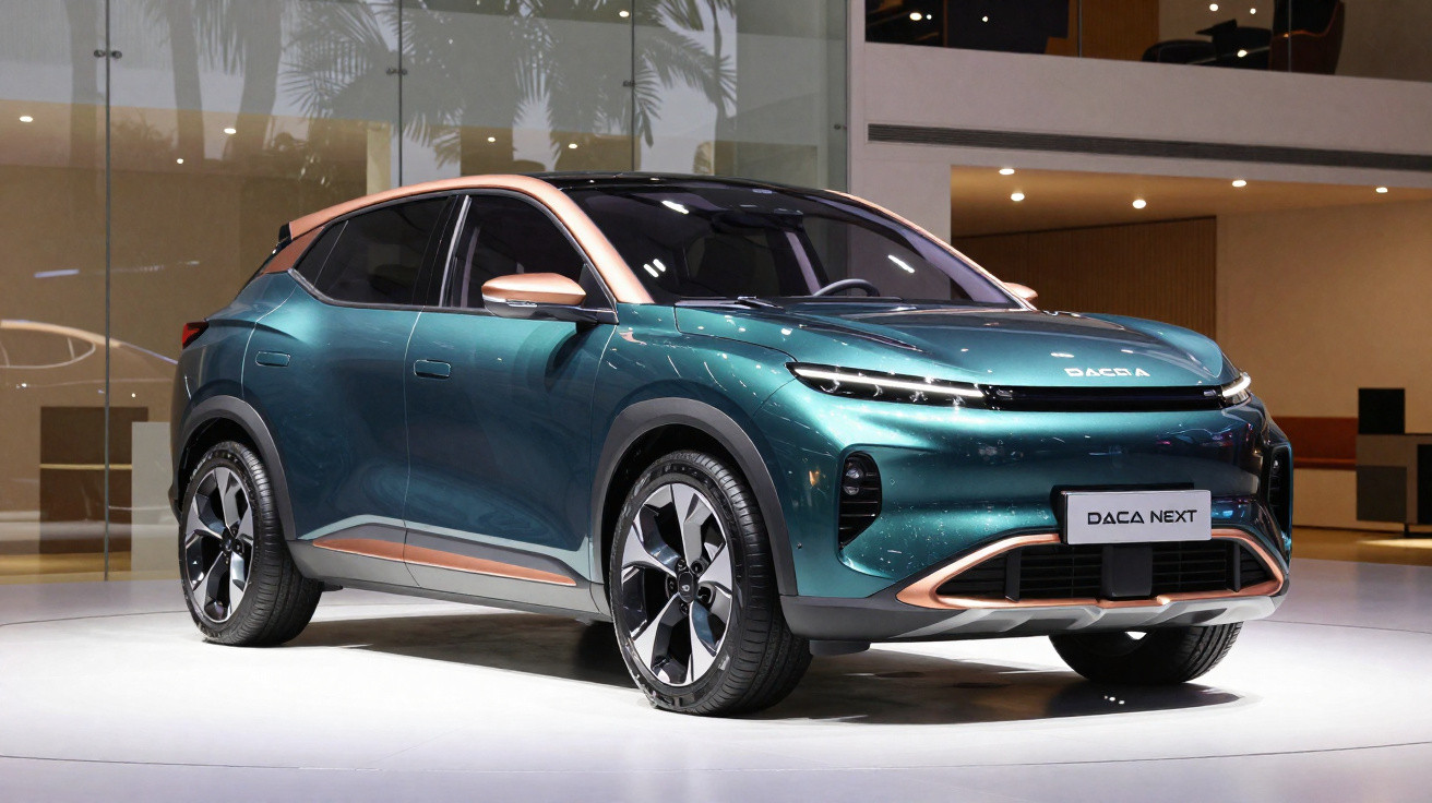 Carro elétrico Dacia Next verde com detalhes cor de cobre, exposto numa sala moderna com vidro e luzes.