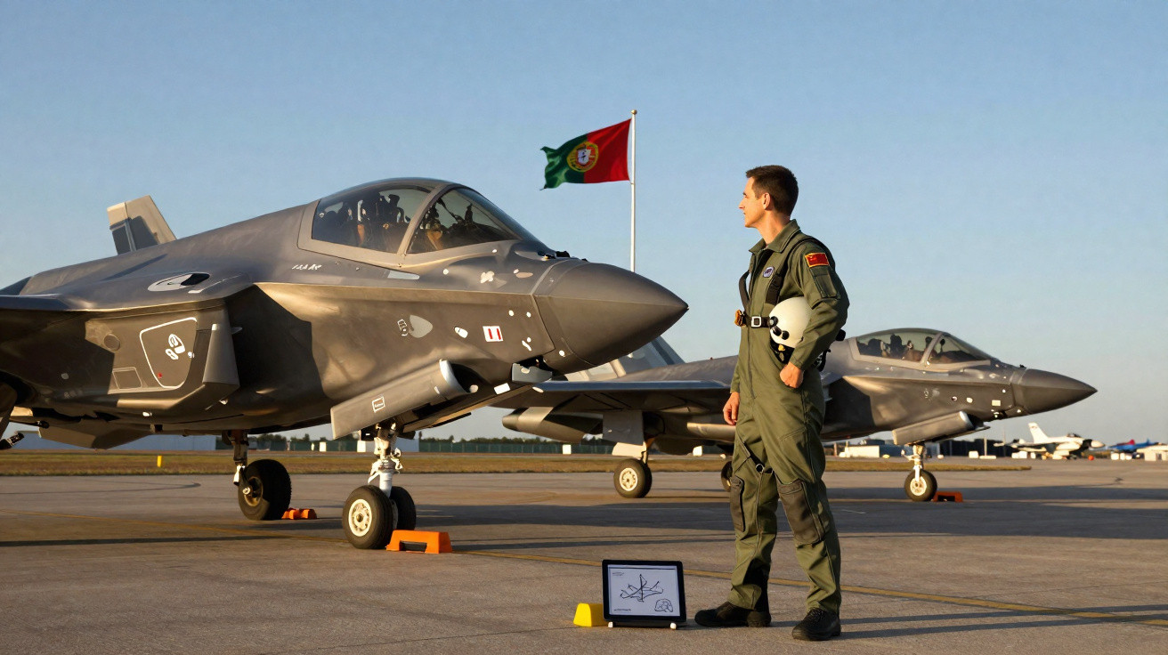 Piloto militar em fato verde junto a dois caças F-35 estacionados em pista com bandeira de Portugal ao fundo.