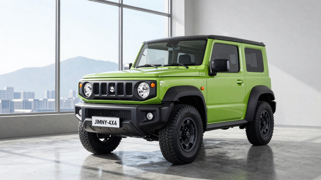 SUV verde Suzuki Jimny 4x4 estacionado num piso interior com janelas amplas e vista urbana ao fundo.