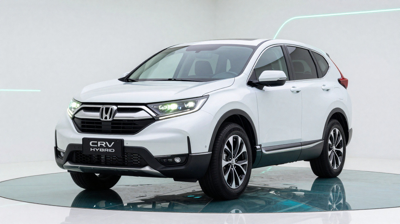 Honda CR-V híbrido branco estacionado em estúdio com chão reflexivo e fundo branco.