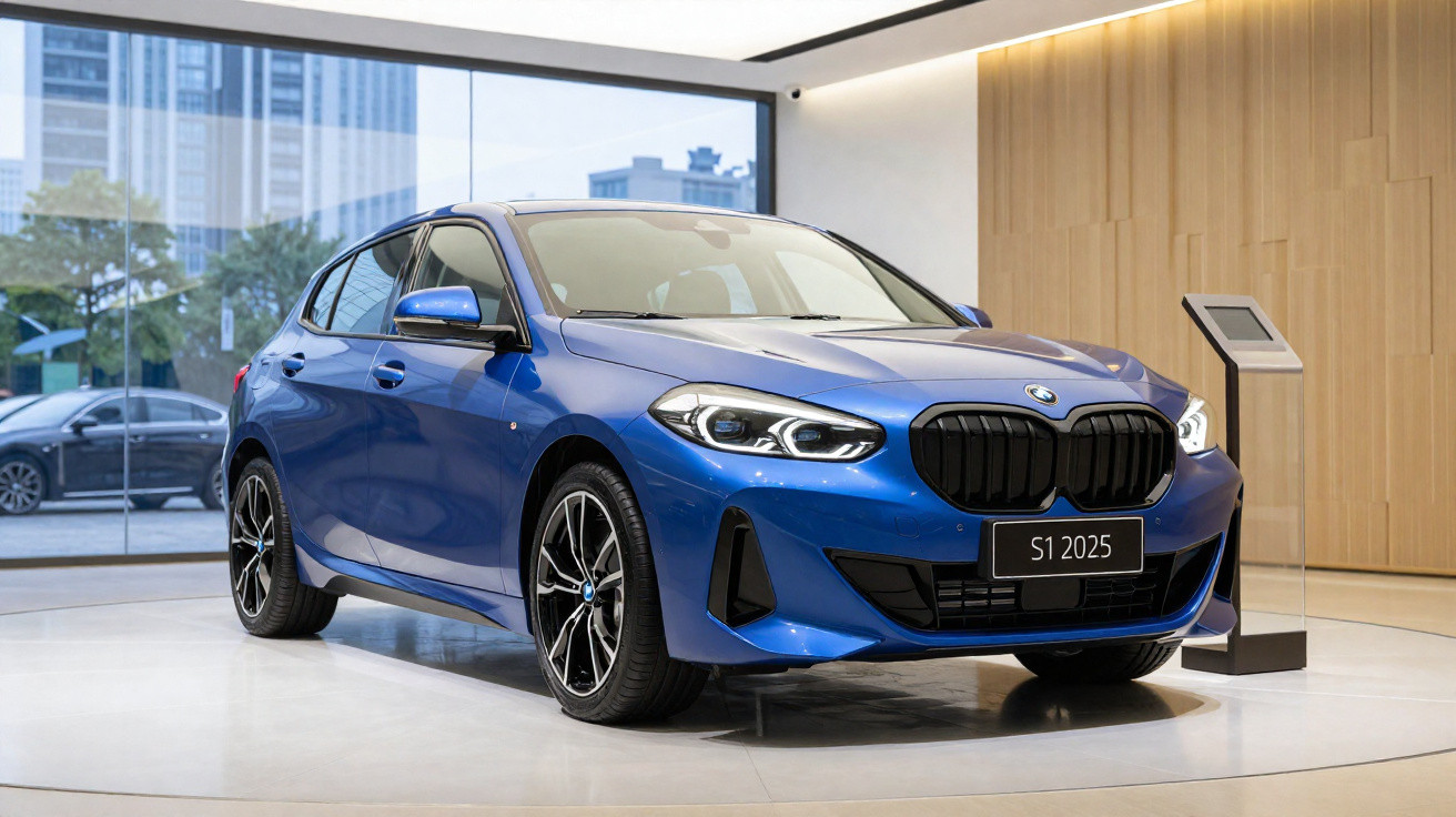 Carro BMW azul modelo S1 2025 em exibição num salão moderno com chão branco e paredes de madeira.