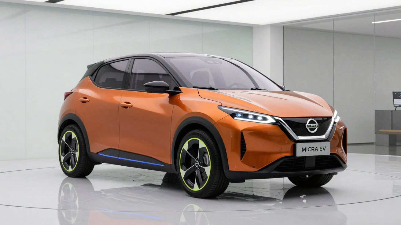 Carro elétrico Nissan Micra EV laranja com tejadilho preto em salão moderno e iluminado.
