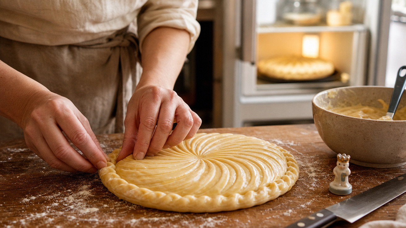 Pessoa a moldar a borda de uma galette de massa amarela numa bancada de madeira com farinha espalhada.