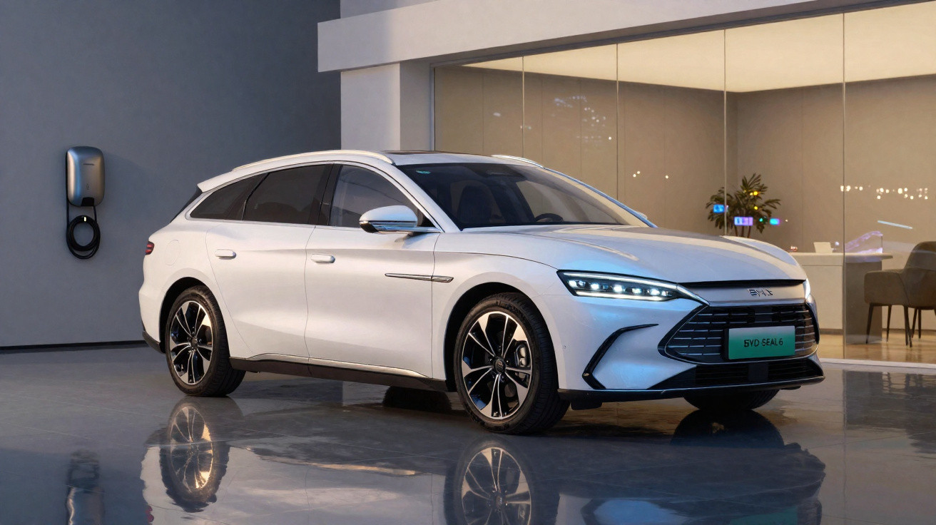 Carro elétrico branco estacionado junto a uma estação de carregamento numa garagem moderna e iluminada.