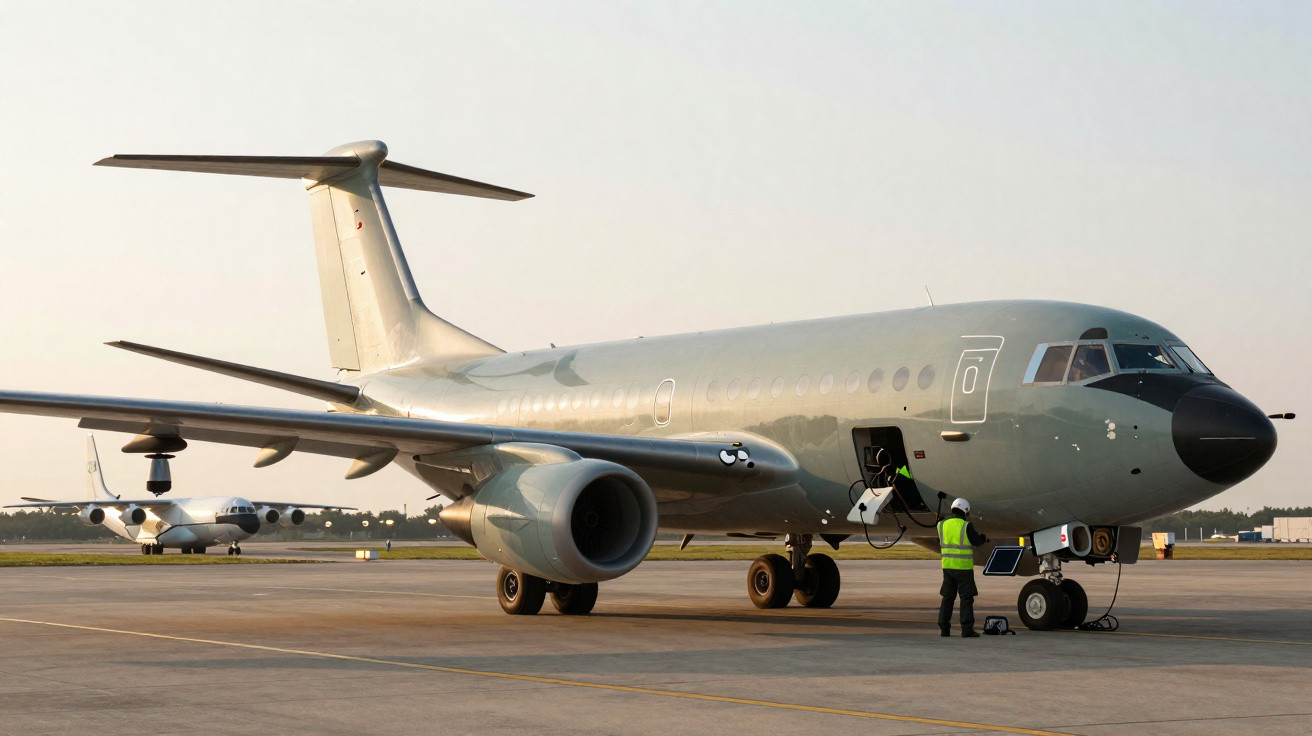 Avião militar cinzento estacionado em aeroporto com operador em colete refletor junto à frente da aeronave.
