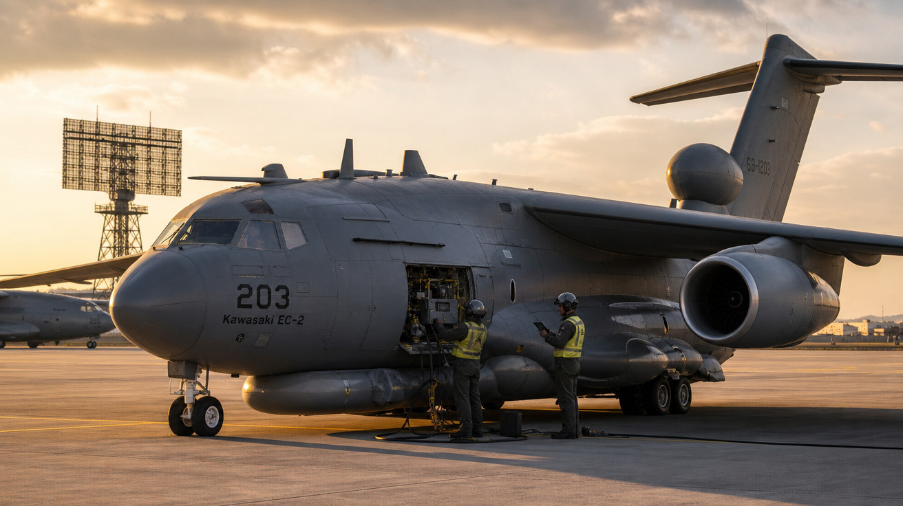 Avião militar Kawasaki EC-2 com dois técnicos a realizar manutenção na pista ao pôr do sol.