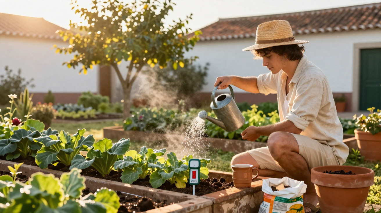 Homem com chapéu rega plantas num jardim ensolarado com várias culturas em canteiros elevados.
