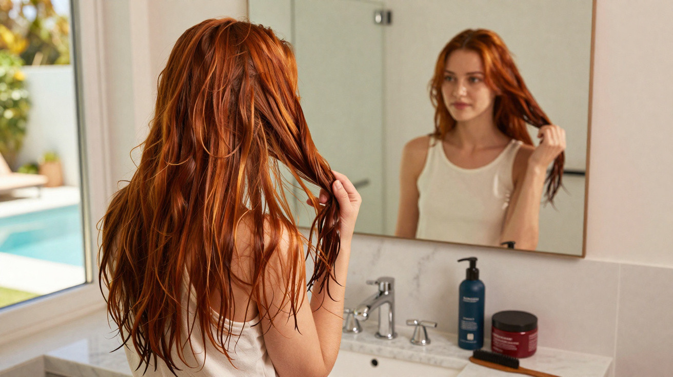Mulher ruiva de cabelo molhado olha o seu reflexo num espelho numa casa de banho luminosa.