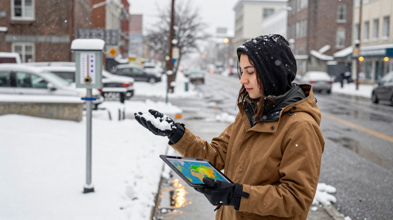Mulher com casaco castanho e capuz preto segura neve numa mão e tablet na outra na rua com neve.