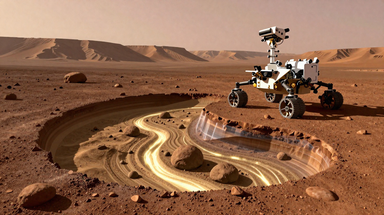 Rover explorando cratera em paisagem marciana, terreno árido com colinas ao fundo e elementos brilhantes no solo.