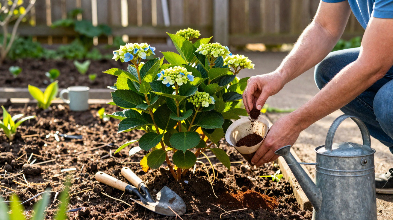 Pessoa a fertilizar planta com flores azuis no jardim, perto de regador e ferramentas de jardinagem.