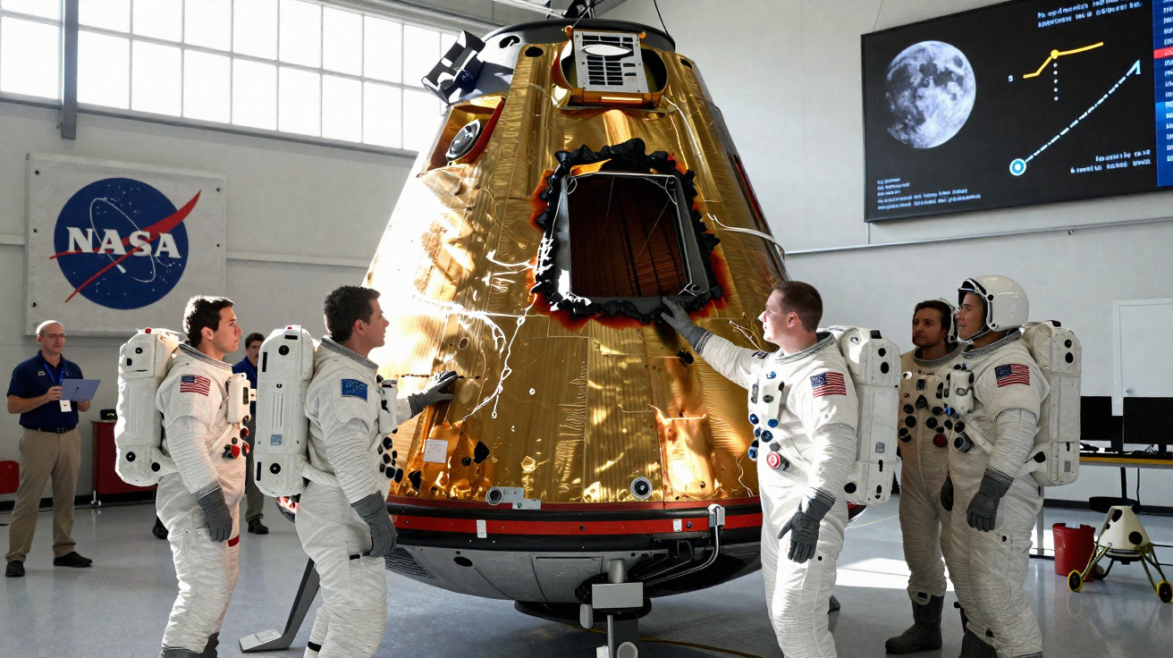 Astronautas da NASA em fato espacial ao redor de módulo lunar dourado em laboratório com painel informativo da Lua.